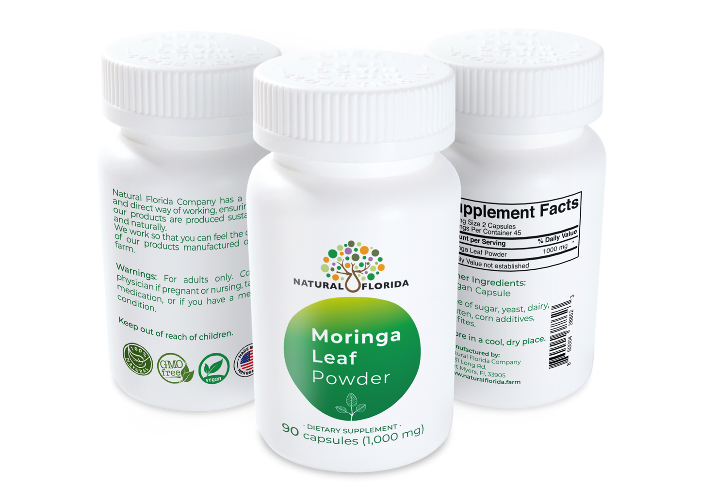 Moringa Leaf Powder Premium Quality- 90 Vegan Capsules - Natural Florida - Made in USA